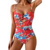 imageB2prity One Piece Swimsuit Tummy Control Cutout Bathing Suit for Women Ruched V Neck Push up SwimwearRed Floral Print