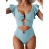imageB2prity Womens One Piece Swimsuit Ruffle Sleeve Cut Out Bathing Suit Tie Back High Waisted Swim SuitSky Blue