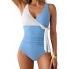 imageB2prity Womens One Piece Swimsuit Tummy Control Slimming Bathing Suit V Neck Swim Suit Color Block Tie Side SwimwearBlue white