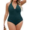 imageB2prity Womens Plus Size One Piece Swimsuit Tummy Control Ruched Slimming Bathing Suit Halter V Neck SwimwearPeacock Green