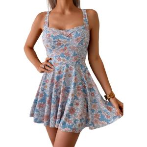 imageB2prity One Piece Swimdress Swimsuit for Women Tummy Control Wrap Swim Dress Modest Ruched Skirt Bathing SuitOrange Floral Print
