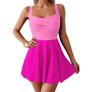 imageB2prity One Piece Swimdress Swimsuit for Women Tummy Control Wrap Swim Dress Modest Ruched Skirt Bathing SuitPink Block