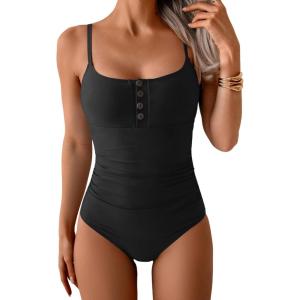 imageB2prity One Piece Swimsuit for Women Tummy Control Retro Bathing Suit Button Up Slimming SwimwearBlack
