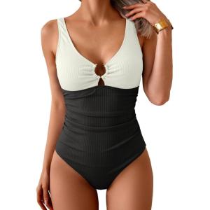 imageB2prity One Piece Swimsuit for Women Tummy Control Slimming Bathing Suit Deep V Neck Ruched Swim Suit Push Up SwimwearRibbed white and Black