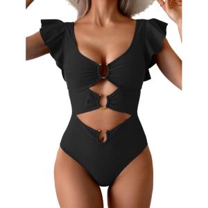 imageB2prity Womens One Piece Swimsuit Ruffle Sleeve Cut Out Bathing Suit Tie Back High Waisted Swim SuitBlack