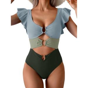 imageB2prity Womens One Piece Swimsuit Ruffle Sleeve Cut Out Bathing Suit Tie Back High Waisted Swim SuitBlue Green Color Block