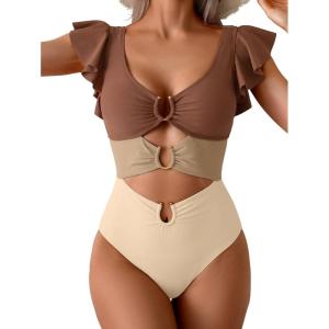 imageB2prity Womens One Piece Swimsuit Ruffle Sleeve Cut Out Bathing Suit Tie Back High Waisted Swim SuitBrown Block
