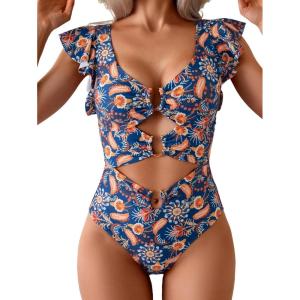 imageB2prity Womens One Piece Swimsuit Ruffle Sleeve Cut Out Bathing Suit Tie Back High Waisted Swim SuitBrown Feather Print