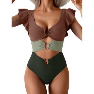 imageB2prity Womens One Piece Swimsuit Ruffle Sleeve Cut Out Bathing Suit Tie Back High Waisted Swim SuitBrown Green Color Block