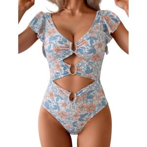 imageB2prity Womens One Piece Swimsuit Ruffle Sleeve Cut Out Bathing Suit Tie Back High Waisted Swim SuitOrange Floral