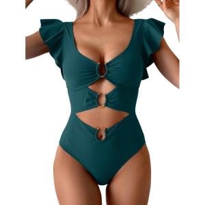 imageB2prity Womens One Piece Swimsuit Ruffle Sleeve Cut Out Bathing Suit Tie Back High Waisted Swim SuitPeacock Green