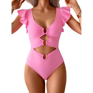 imageB2prity Womens One Piece Swimsuit Ruffle Sleeve Cut Out Bathing Suit Tie Back High Waisted Swim SuitPink