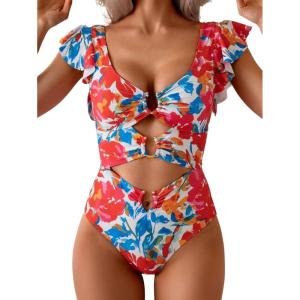 imageB2prity Womens One Piece Swimsuit Ruffle Sleeve Cut Out Bathing Suit Tie Back High Waisted Swim SuitRed Floral