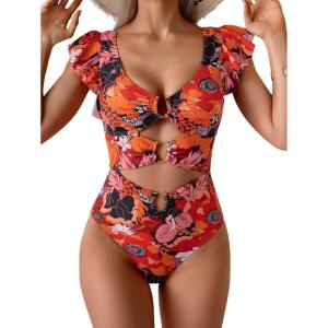 imageB2prity Womens One Piece Swimsuit Ruffle Sleeve Cut Out Bathing Suit Tie Back High Waisted Swim SuitRed Print