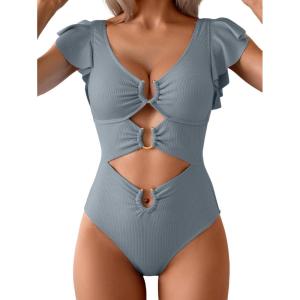 imageB2prity Womens One Piece Swimsuit Ruffle Sleeve Cut Out Bathing Suit Tie Back High Waisted Swim SuitRibbed  Grey Blue