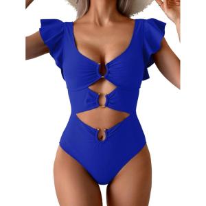 imageB2prity Womens One Piece Swimsuit Ruffle Sleeve Cut Out Bathing Suit Tie Back High Waisted Swim SuitRoyal Blue