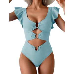 imageB2prity Womens One Piece Swimsuit Ruffle Sleeve Cut Out Bathing Suit Tie Back High Waisted Swim SuitSky Blue