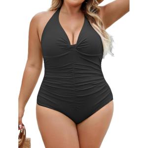 imageB2prity Womens Plus Size One Piece Swimsuit Tummy Control Ruched Slimming Bathing Suit Halter V Neck SwimwearBlack