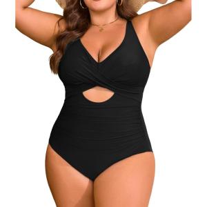 imageB2prity Womens Plus Size Swimsuit Tummy Control One Piece Bathing Suit Tie Back Cutout Ruched SwimwearBlack