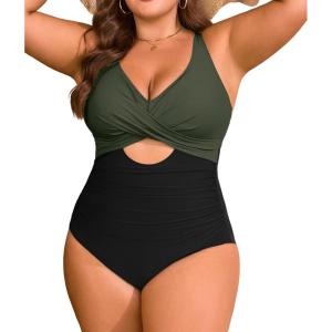 imageB2prity Womens Plus Size Swimsuit Tummy Control One Piece Bathing Suit Tie Back Cutout Ruched SwimwearGreen black