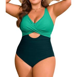imageB2prity Womens Plus Size Swimsuit Tummy Control One Piece Bathing Suit Tie Back Cutout Ruched SwimwearGreen dark Green
