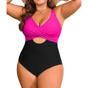 imageB2prity Womens Plus Size Swimsuit Tummy Control One Piece Bathing Suit Tie Back Cutout Ruched SwimwearHot Pink black