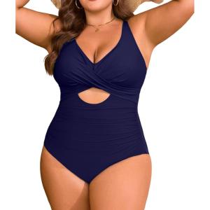 imageB2prity Womens Plus Size Swimsuit Tummy Control One Piece Bathing Suit Tie Back Cutout Ruched SwimwearNavy Blue