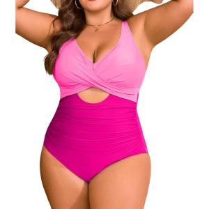 imageB2prity Womens Plus Size Swimsuit Tummy Control One Piece Bathing Suit Tie Back Cutout Ruched SwimwearPink hot Pink