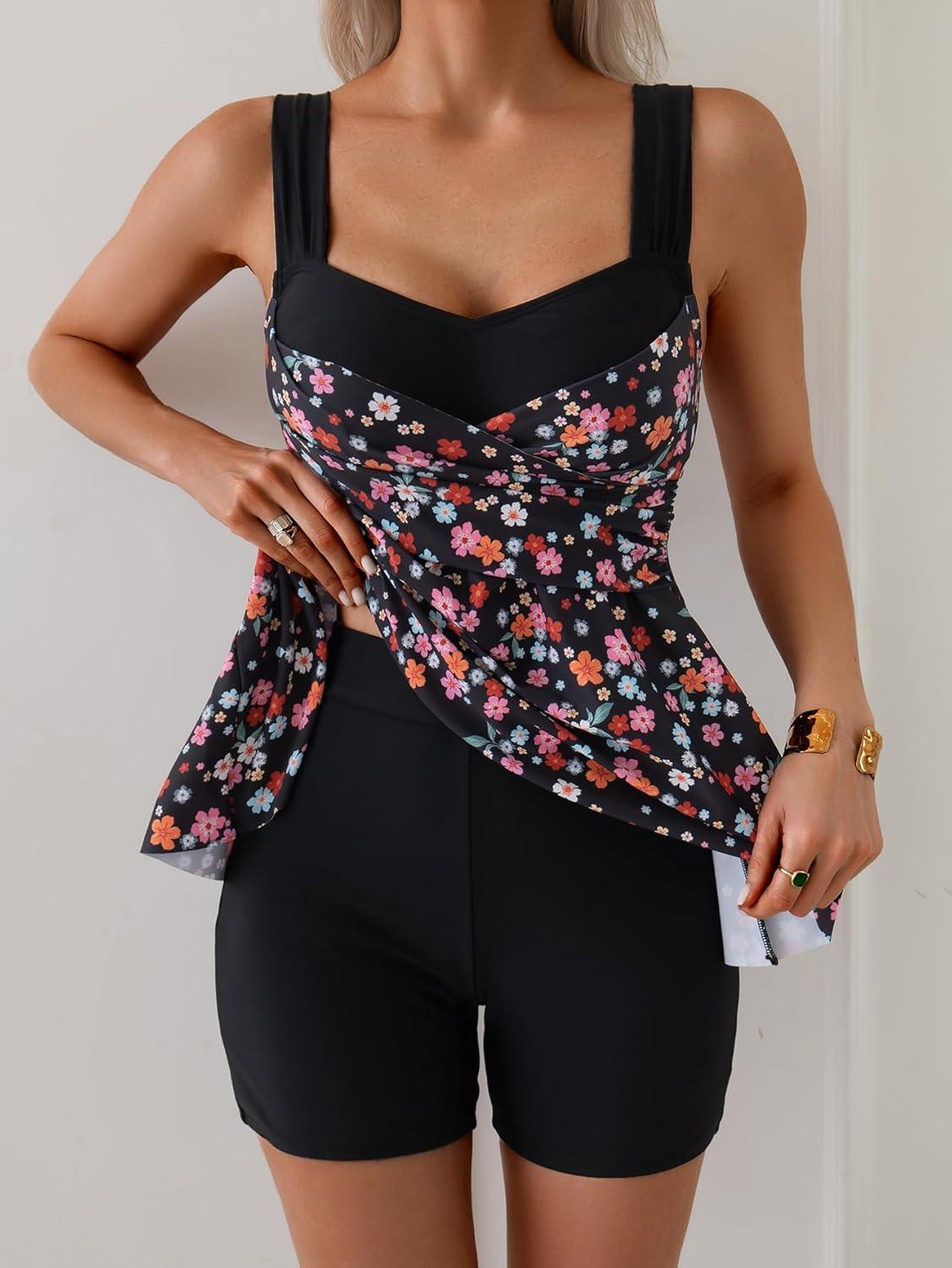 imageB2prity Tankini Swimsuits for Women Tummy Control Two Piece Modest Bathing Suits Floral Skirt Top with BoyshortsColorful Floral
