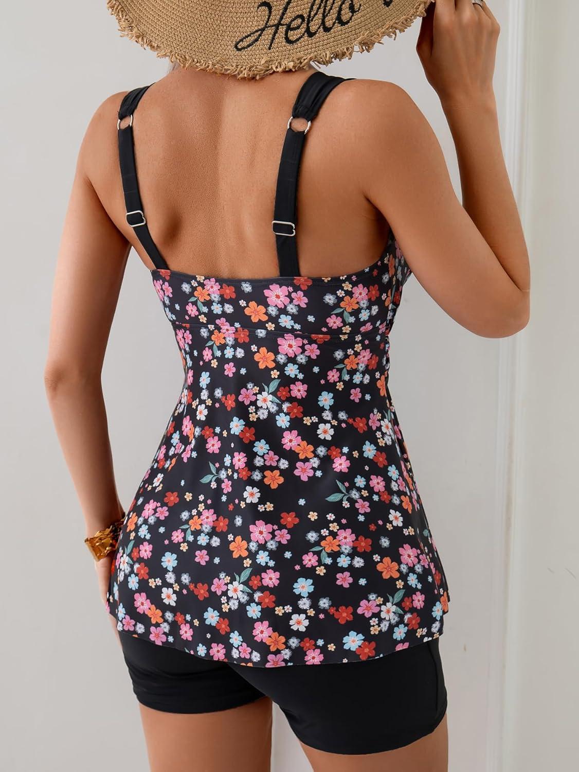 imageB2prity Tankini Swimsuits for Women Tummy Control Two Piece Modest Bathing Suits Floral Skirt Top with BoyshortsColorful Floral