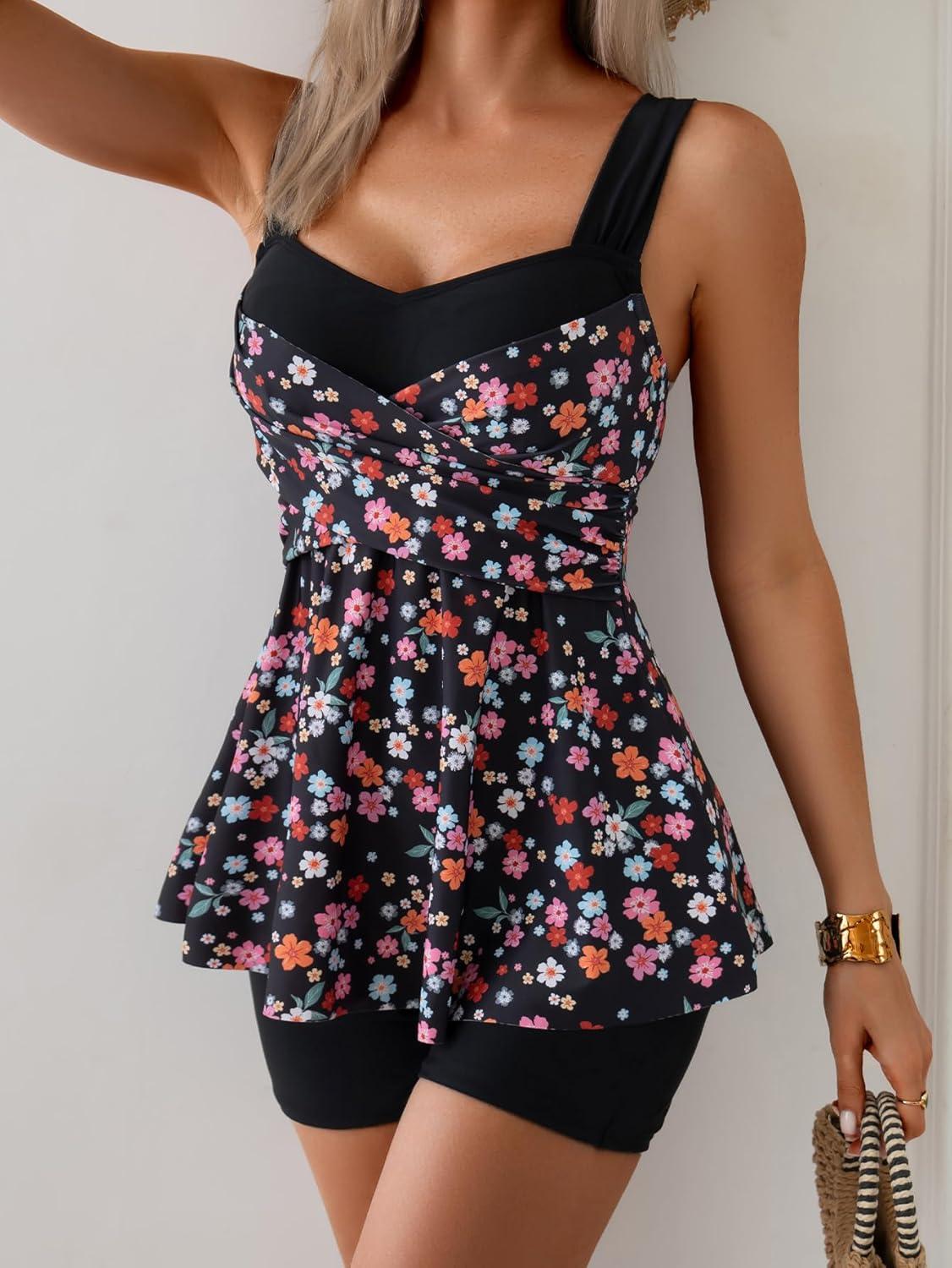 imageB2prity Tankini Swimsuits for Women Tummy Control Two Piece Modest Bathing Suits Floral Skirt Top with BoyshortsColorful Floral