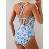 imageB2prity One Piece Swimsuit for Women Tummy Control Bathing Suits Ruched Slimming Swim Suit Push Up Tie Back SwimwearBlue White Floral
