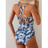 imageB2prity One Piece Swimsuit for Women Tummy Control Bathing Suits Ruched Slimming Swim Suit Push Up Tie Back SwimwearNavy Blue Leaf Print