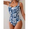 imageB2prity One Piece Swimsuit for Women Tummy Control Bathing Suits Ruched Slimming Swim Suit Push Up Tie Back SwimwearNavy Blue Leaf Print