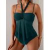 imageB2prity Womens Mesh Tankini Swimsuits Flowy Two Piece Bathing Suit V Neck Tie Knot Swim Top with High Waisted BottomPeacock Green