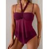 imageB2prity Womens Mesh Tankini Swimsuits Flowy Two Piece Bathing Suit V Neck Tie Knot Swim Top with High Waisted BottomWine Red