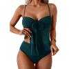 imageB2prity Womens Mesh Tankini Swimsuits Flowy Two Piece Bathing Suit V Neck Tie Knot Swim Top with High Waisted BottomPeacock Green
