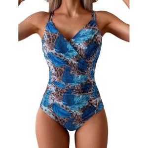 imageB2prity One Piece Swimsuit for Women Adjustable Double Strap V Neck Bathing Suit Tummy Control Slimming SwimwearBlue Print