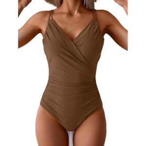 imageB2prity One Piece Swimsuit for Women Adjustable Double Strap V Neck Bathing Suit Tummy Control Slimming SwimwearBrown