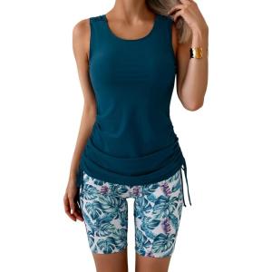 imageB2prity Tankini Swimsuits for Women Tummy Control Two Piece Bathing Suit Tank Top with Shorts Side Tie SwimwearPeacock Blue  Leaf Print