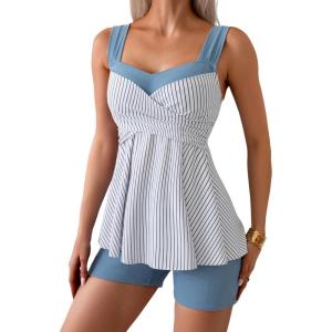 imageB2prity Tankini Swimsuits for Women Tummy Control Two Piece Modest Bathing Suits Floral Skirt Top with BoyshortsGrey Blue Stripe