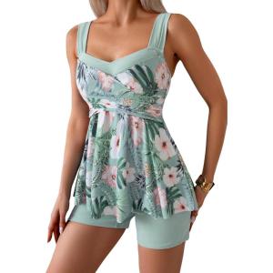 imageB2prity Tankini Swimsuits for Women Tummy Control Two Piece Modest Bathing Suits Floral Skirt Top with BoyshortsLight Green Floral