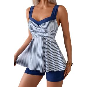imageB2prity Tankini Swimsuits for Women Tummy Control Two Piece Modest Bathing Suits Floral Skirt Top with BoyshortsNavy Blue Stripe