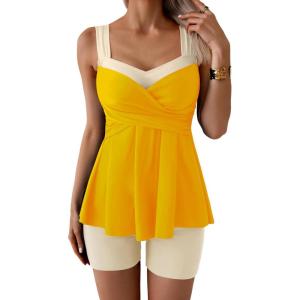 imageB2prity Tankini Swimsuits for Women Tummy Control Two Piece Modest Bathing Suits Floral Skirt Top with BoyshortsWhite  Yellow