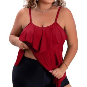 imageB2prity Women Tankini Tops Only Ruffle Swim Tops Flowy Bathing Suit Top Tummy Control Swimsuits Tops No BottomRed
