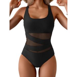 imageB2prity Womens Mesh One Piece Swimsuit Tummy Control Sexy Bathing Suit Push Up Swim Suit Slimming SwimwearBlack