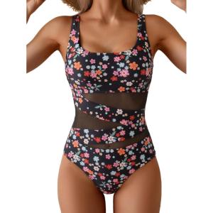 imageB2prity Womens Mesh One Piece Swimsuit Tummy Control Sexy Bathing Suit Push Up Swim Suit Slimming SwimwearBlack Pink Floral