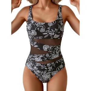 imageB2prity Womens Mesh One Piece Swimsuit Tummy Control Sexy Bathing Suit Push Up Swim Suit Slimming SwimwearBlack White Floral