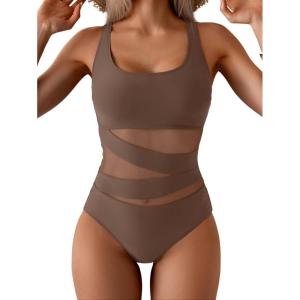 imageB2prity Womens Mesh One Piece Swimsuit Tummy Control Sexy Bathing Suit Push Up Swim Suit Slimming SwimwearBrown