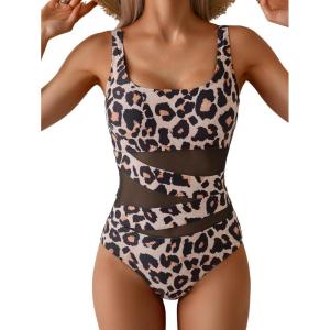 imageB2prity Womens Mesh One Piece Swimsuit Tummy Control Sexy Bathing Suit Push Up Swim Suit Slimming SwimwearLeopard Print